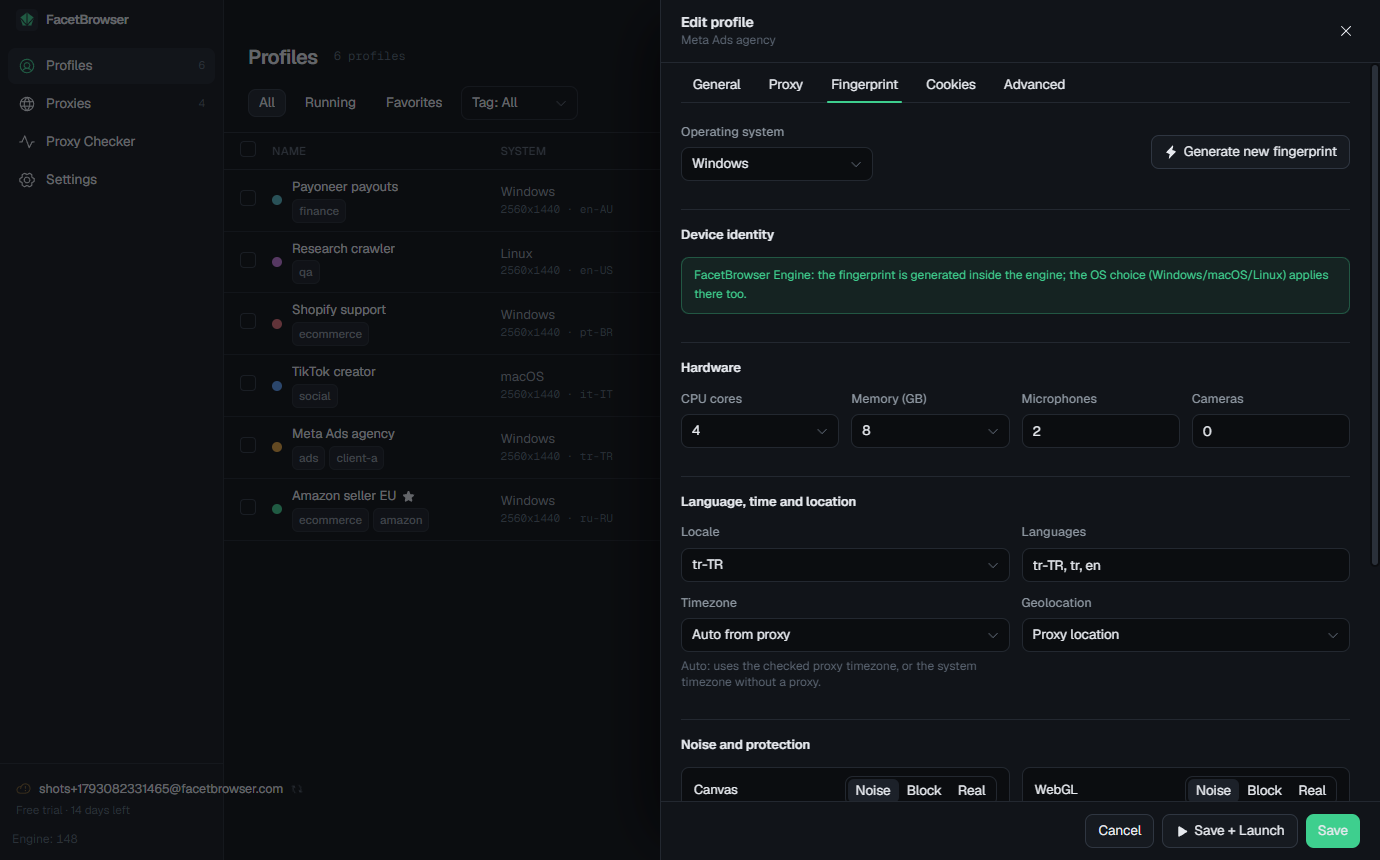 Fingerprint tab of the profile editor
