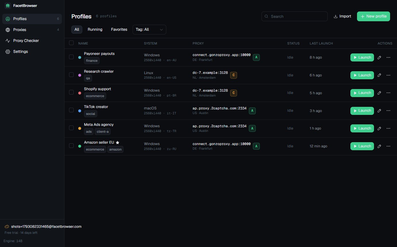 FacetBrowser profile list with proxies, status and quality grades